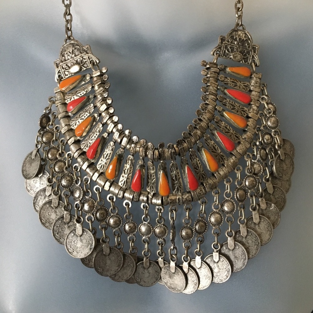 Silver metal statement necklace w/coins & stones